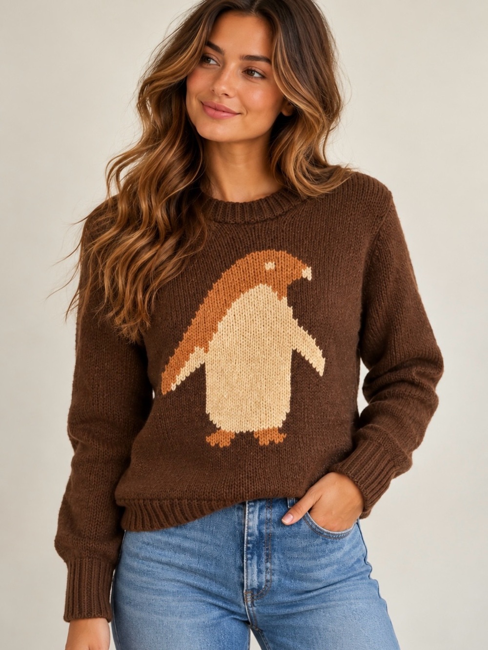 Coach Penguin Intarsia Ski Sweater Women’s Small Brown Novelty Knit Crewneck